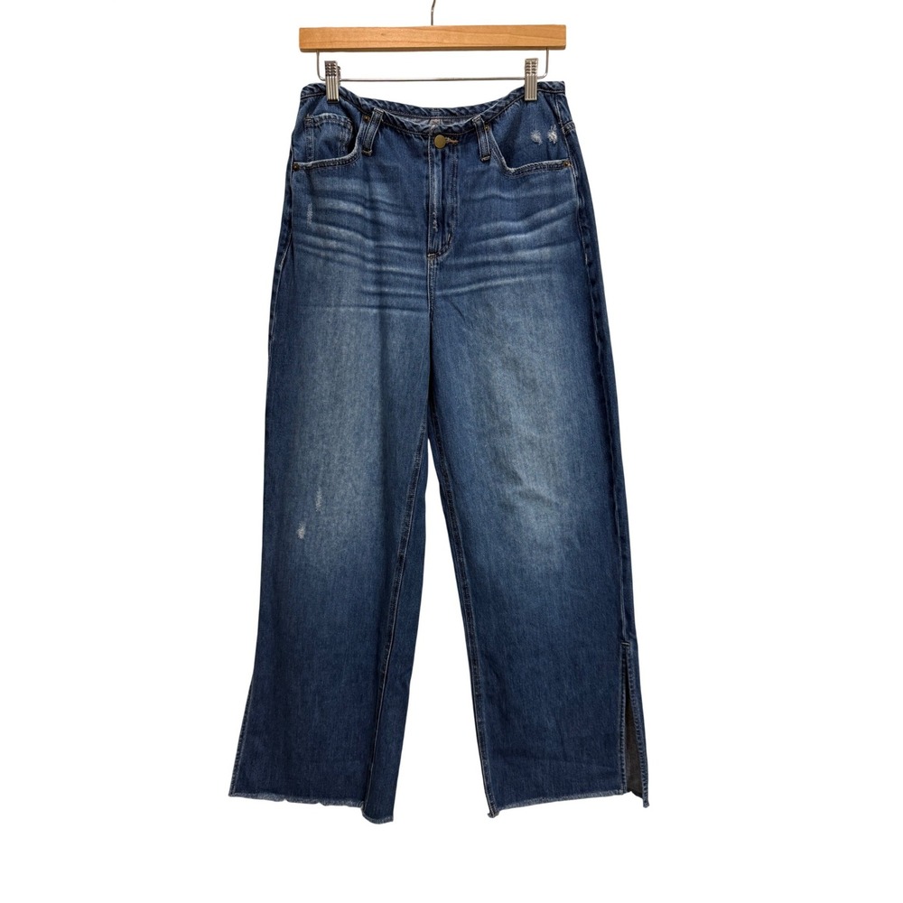 Evereve Wide‎ Leg Slouchy Jeans Blue EUC High Rise Raw Hem Side Slit 29
